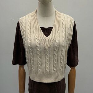 Cream Cable Knit Sweater Vest V-Neck Cotton Blend Size L